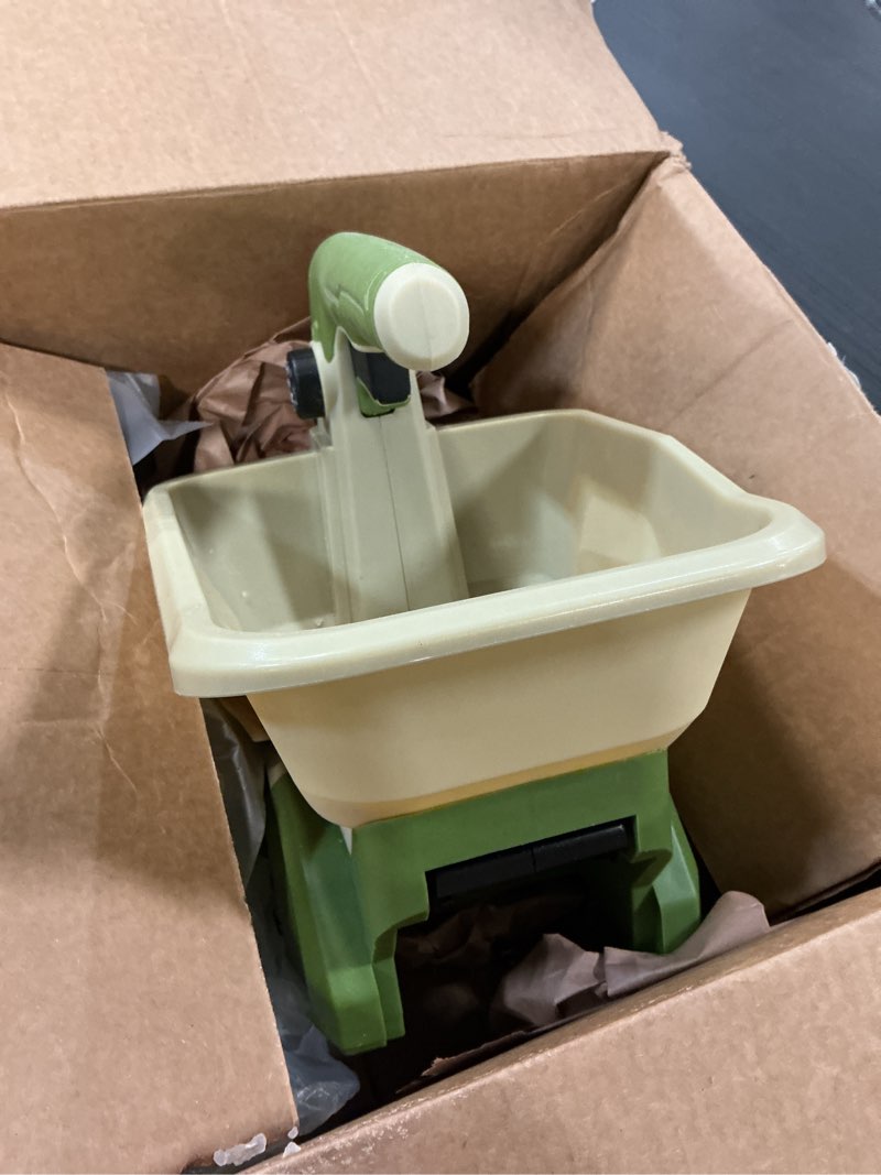 Condition photo showing As Is for Hand Grass Seed Spreader for Lawns, Fertilizer Broadcast Speader Handheld, Compatible for Makita 18V/21V Li-ion Battery, 3.3 L Capacity, 8-Level No Battery Yellow