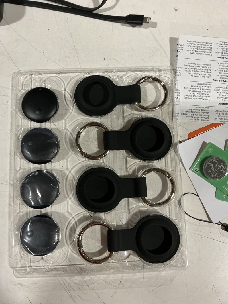 Condition photo showing Good Condition for air tags for android,air tags-4 pack android,2 year battery life,air tracker tags with 4 case,google find trackers for google's find hub app,ip65 waterproof luggage tracker for keys black