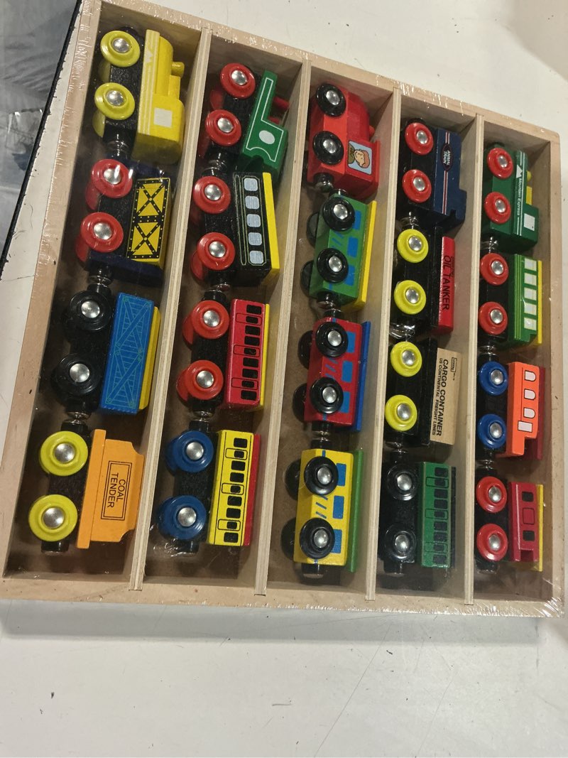 Condition photo showing New/Like New for wooden train set - 80 pc train tracks & accessories, magnetic trains cars for toddlers & older kids - compatible with thomas, melissa & doug, brio, chugginton wood train sets
