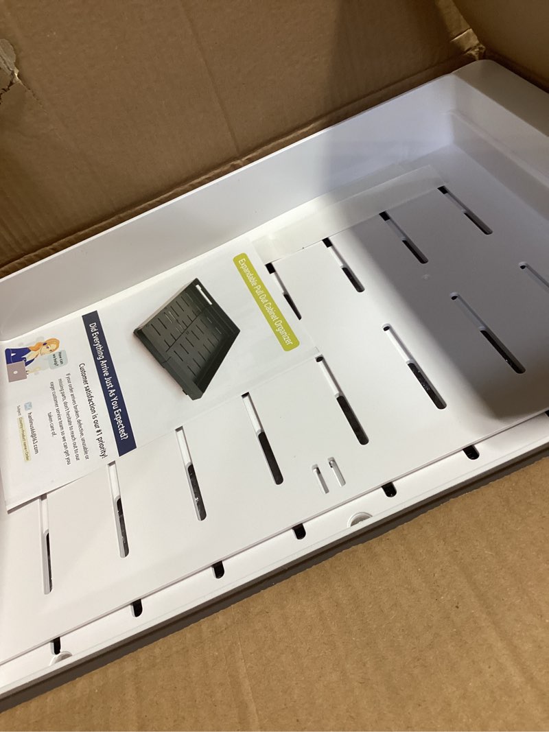 Condition photo showing Good Condition for 2 Pack Pull Out Cabinet Organizers Expandable, Plastic Slide Out Drawers for Kitchen, Bathroom, Pantry, Under Sink Storage, Pull Out Drawers Fixed with Adhesive Nano Film (White, 11.6''-17.5'') White 16.9"D x 11.6"~17.5"W(2Pack)