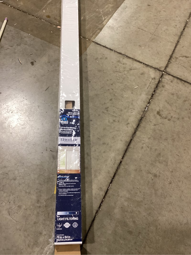 Condition photo showing As Is for project source light filtering vertical 3.5-in slat width 78-in x 84-in cordless white vinyl light filtering vertical blinds