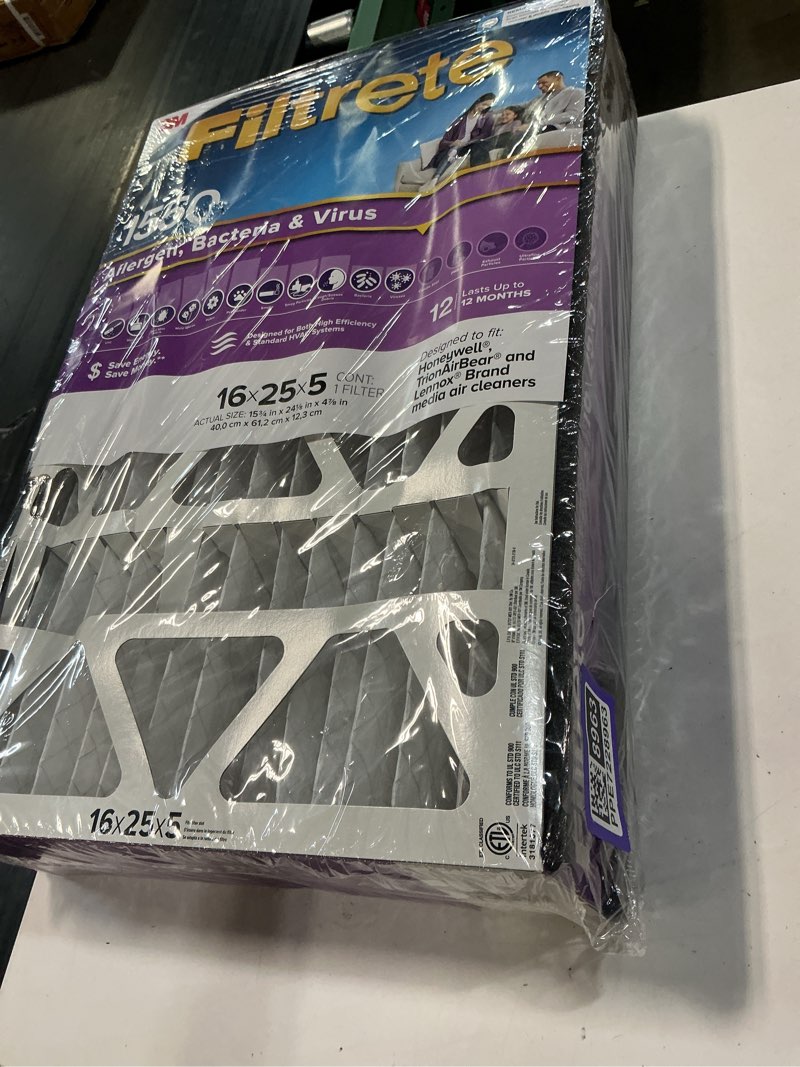 Condition photo showing As Is for filtrete 16x25x5 ac furnace air filter, mpr 1550, merv 12, fits honeywell & trion airbear, certified asthma & allergy friendly, electrostatic air filter, 1-pack (actual size 15.75 x 24.13 x 4.88) 15.8" x 24.1" x 4.9"