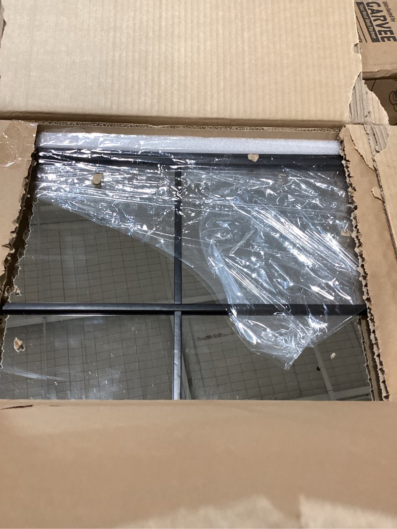 Condition photo showing As Is for muzilife arched full length window mirror, 16x56 windowpane body mirror with metal frame, wall mounted hanging or leaning for door? bedroom, living room, black, no stand, upgraded black windowpane style