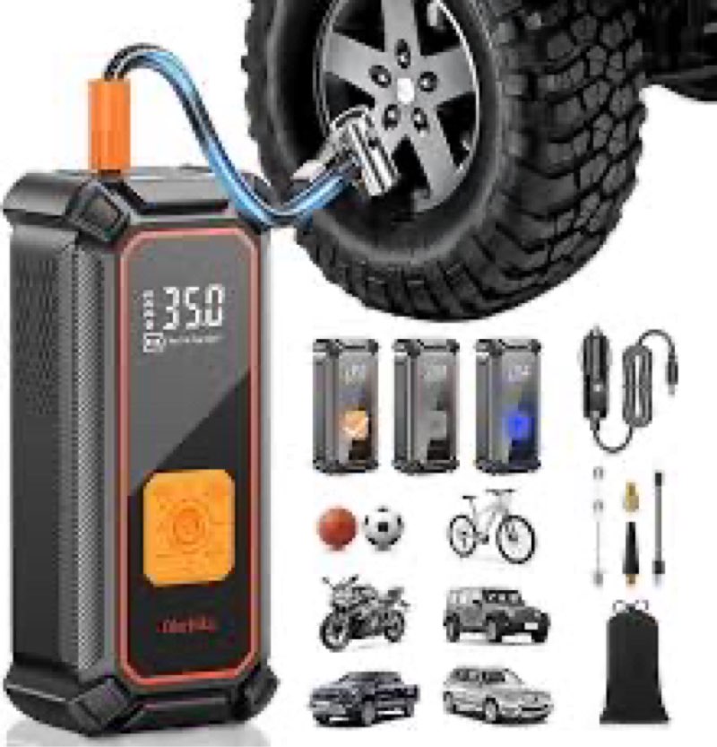 olarhike cordless tire inflator portable air compressor, 150psi dual power - 5400 mah & 12v dc, air pump for car tires, bike, motorcycle, bicycle, electric pump with led light & digital pressure gauge