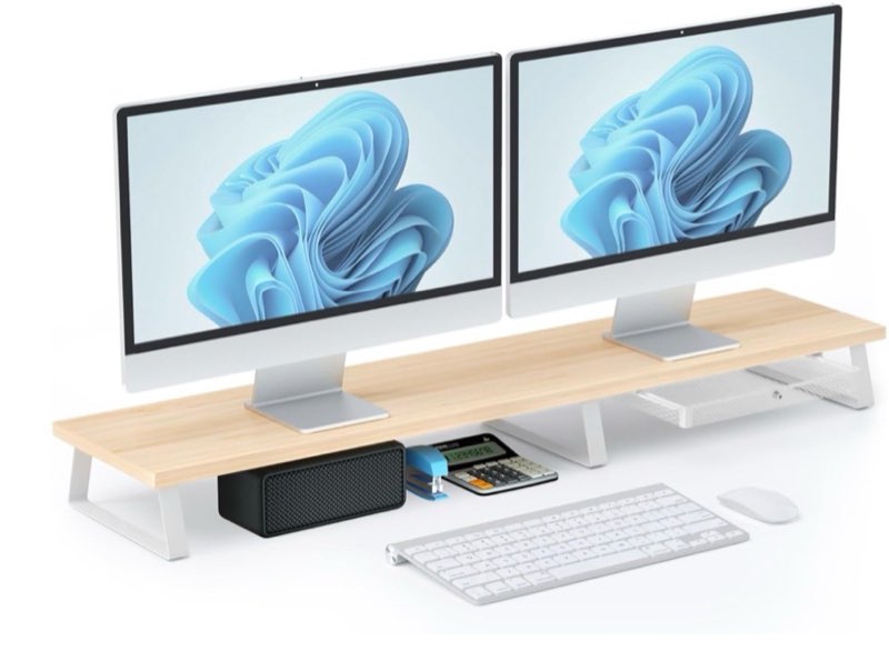 Large Dual Monitor Stand Riser - Monitor Stand for 2 Monitors, Wooden Computer Stand For Desk with Metal Legs, Desk Organizers and Storage With Drawer, Desk Shelf for Computer/Laptop/Printer/TV, Oak