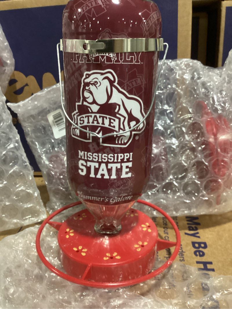 Condition photo showing New/Like New for Hummer's Galore, NCAA College Football Hummingbird Feeder, Glass Hummingbird Feeder with UV Resistant Plastic Wrap for Outdoors Hanging, 32 oz, (Mississippi Bulldogs)