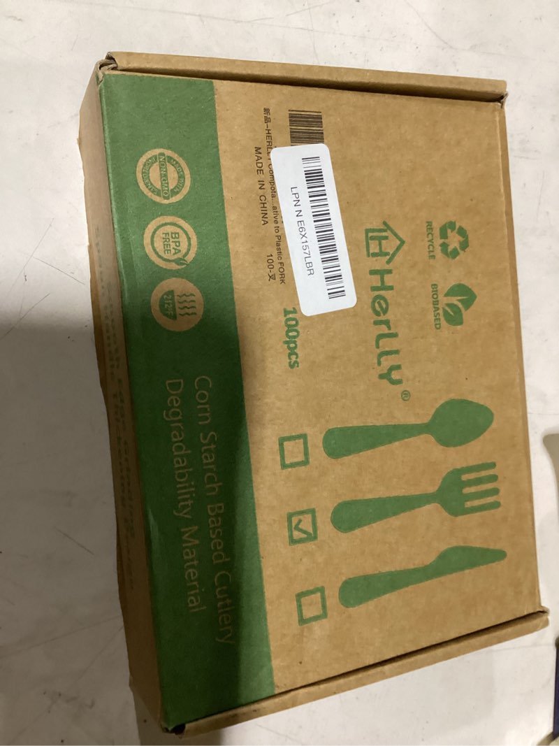 Condition photo showing As Is for compostable fork,100 biodegradable silverware for party,large disposable utensils eco friendly durable and heat resistant,alternative to plastic fork
