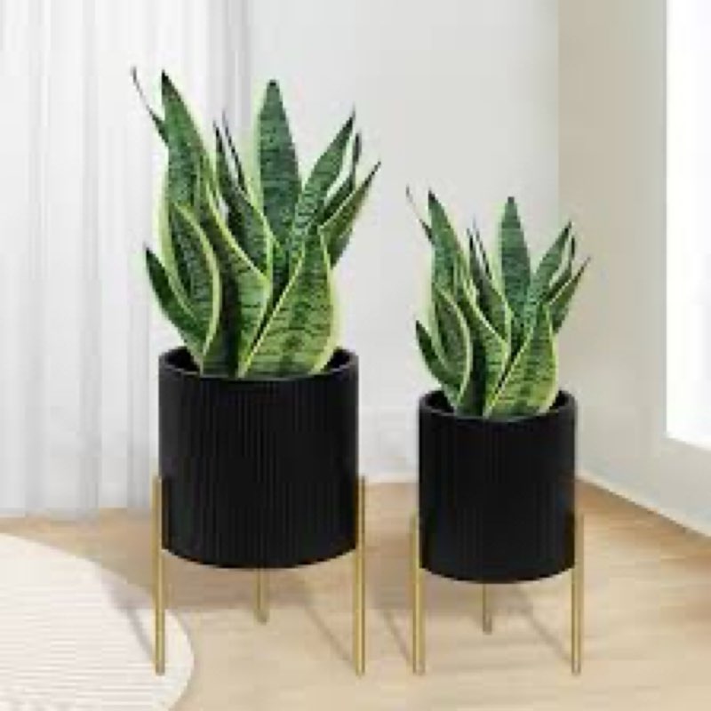 ARNIS Modern Plant Pots, Set of 2 Round Large Planters with Stand, Large Size Metal Pots with Draina