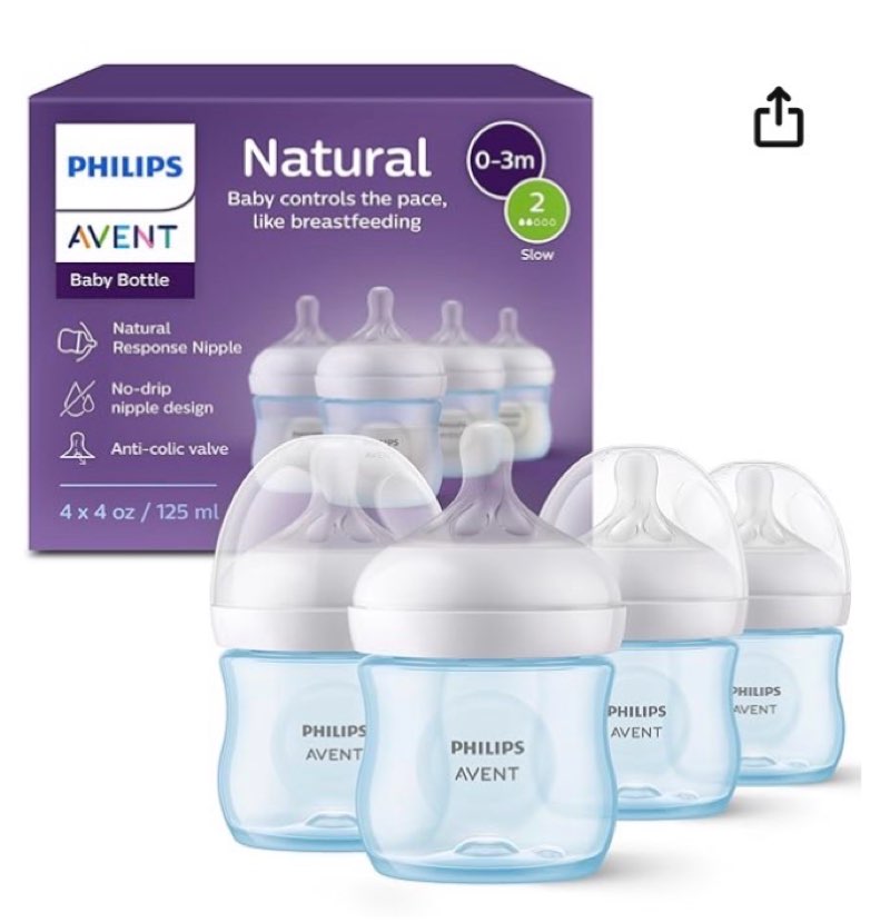 philips avent natural baby bottles with natural response nipples (slow flow, flow 2), 4oz, blue, 3-pack, scy900/24