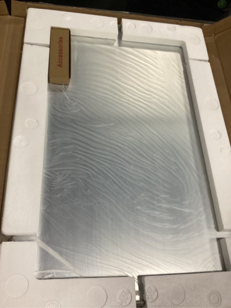 Condition photo showing Good Condition for loaao 20x30 inch brushed nickel bathroom mirror, rounded rectangle silver metal frame mirror, brushed nickel, anti-rust, shatter proof, hangs horizontally or vertically brushed nickel 20"l x 30"w