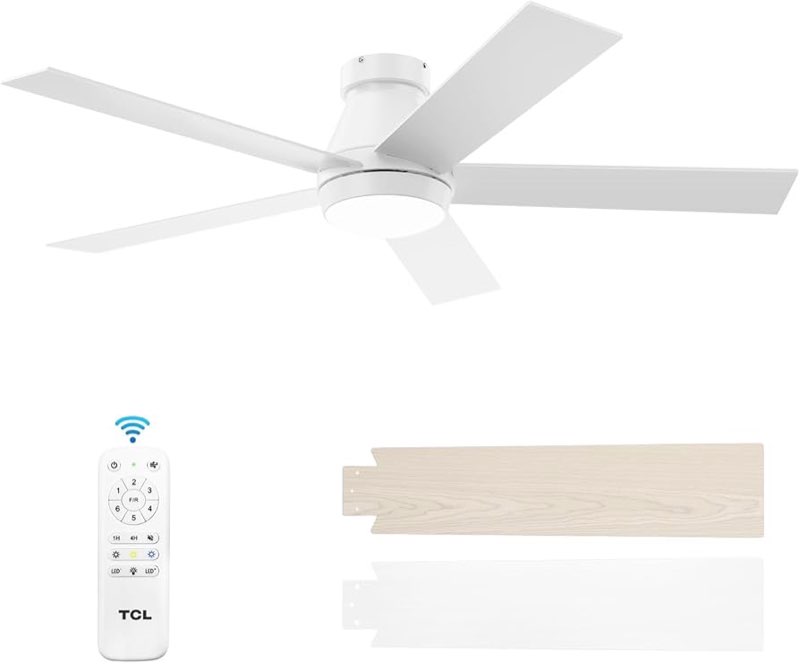 TCL 52" Modern Ceiling Fan with Lights, 5 Blades, 6 Speeds DC Reversible, Dimmable, White Flush Moun