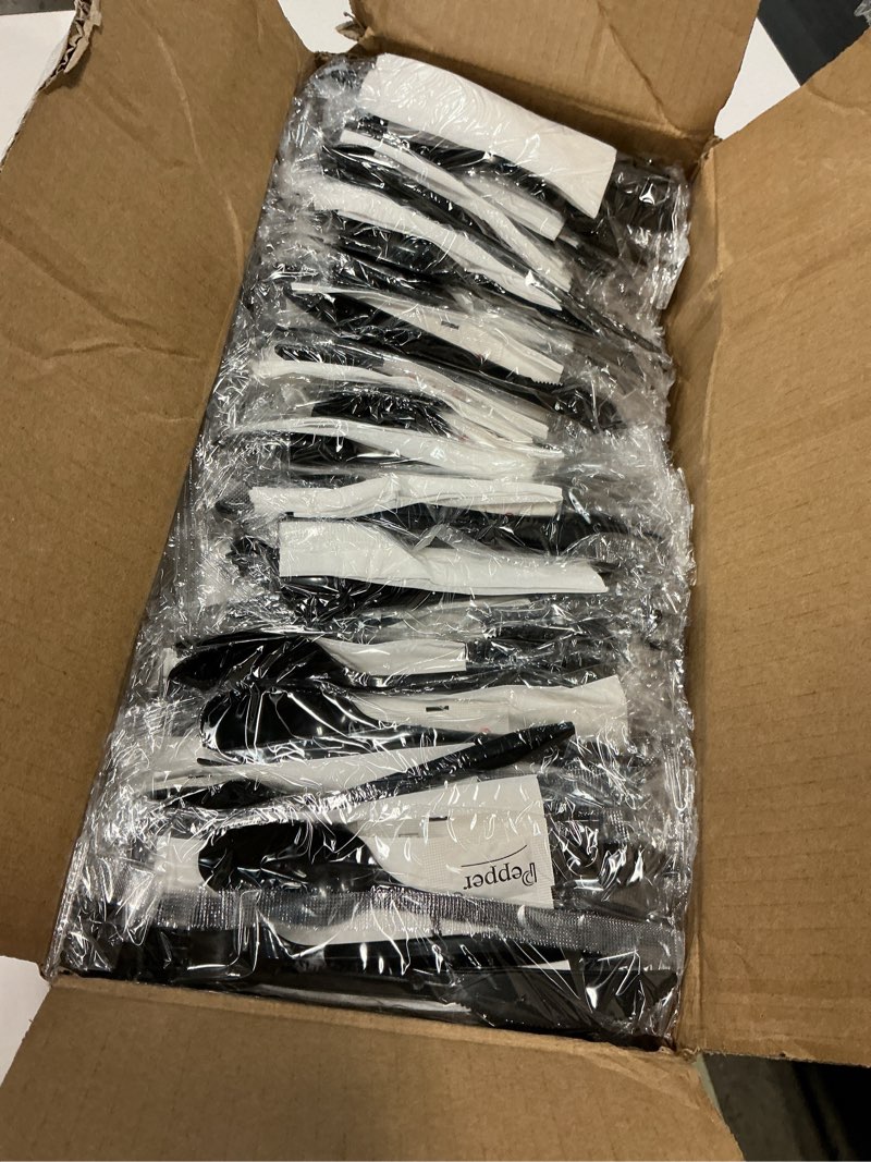 Condition photo showing New/Like New for 250 plastic cutlery packets - knife fork spoon napkin salt pepper sets | black plastic silverware sets individually wrapped cutlery kits, bulk utensil cutlery set disposable to go silverware