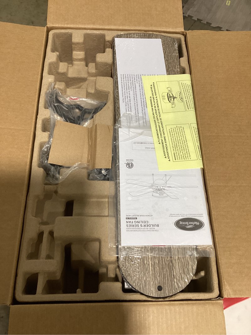 Condition photo showing As Is for harbor breeze armitage 52-in matte black with black/cocoa blades led indoor flush mount ceiling fan with light (5-blade)