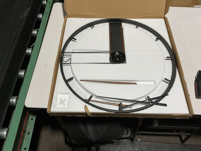 Condition photo showing As Is for large wall clock for living room decor, modern walnut dial metal frame wall decor silent non ticking clocks for bedroom, study, office decorations, gift idea, 23.6"'' 23.6inch