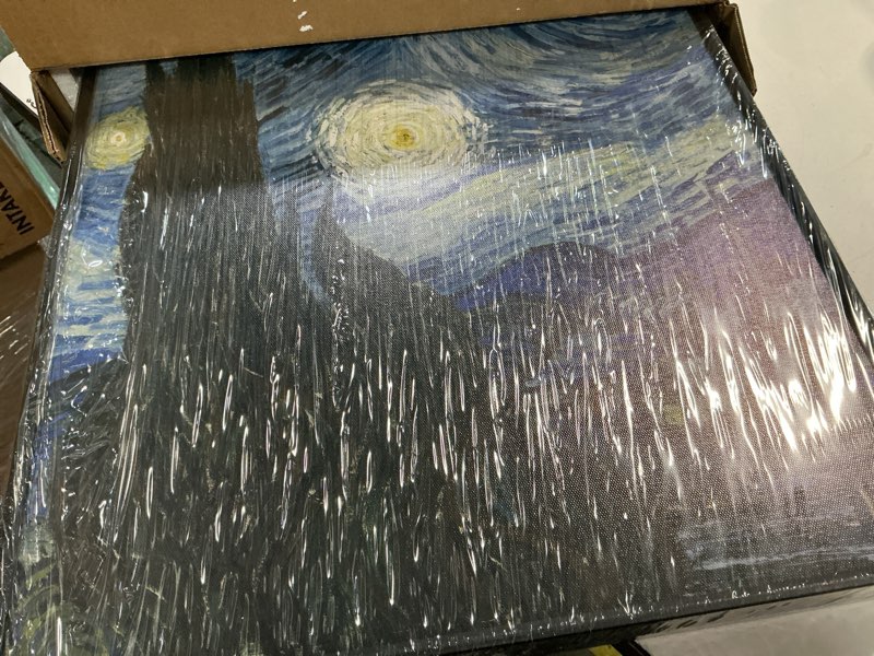 Condition photo showing Good Condition for artfeb 3 piece canvas wall art,classic van gogh artwork painting reproduction,starry night over the rhone cafe terrace at night giclee canvas prints wall art for home office decor(blue, 16" x 24" x 3 16" x 24" x 3 pieces blue