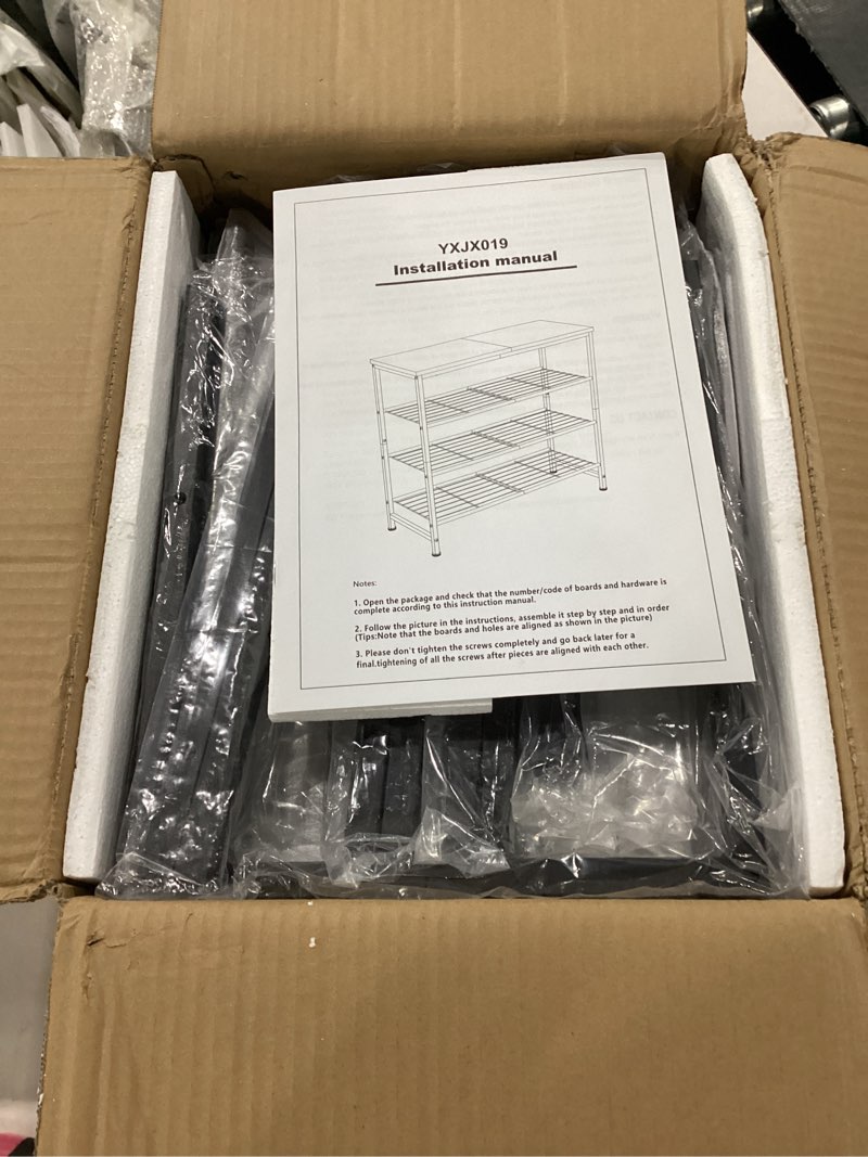 Condition photo showing New/Like New for usikey 4-tier shoe rack, industrial shoe storage organizer for 9-12 pairs of shoes, metal shoe shelf with wooden top, shoe stand with 3 metal shelves for entryway, hallway, closet, rustic brown