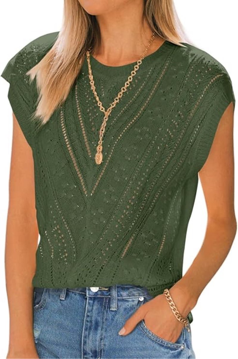 Langwyqu Womens Cap Sleeve Tops Summer Crew Neck Shirt Lightweight Crochet Knit Sweater Army Green