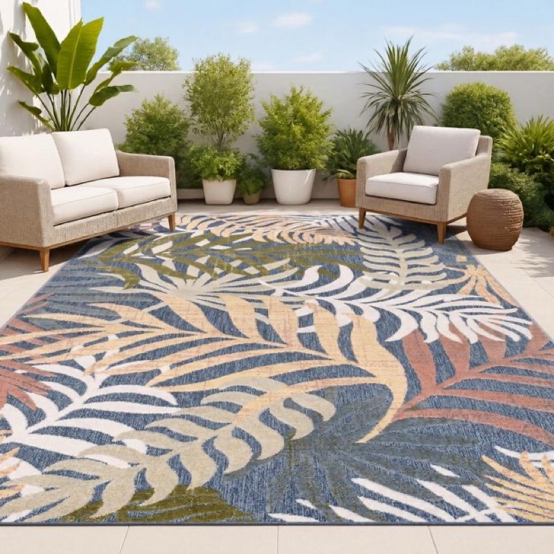 JONATHAN Y Tropics Palm Leaves Dark Blue/Multi 5 ft. x 8 ft. Indoor/Outdoor Area Rug