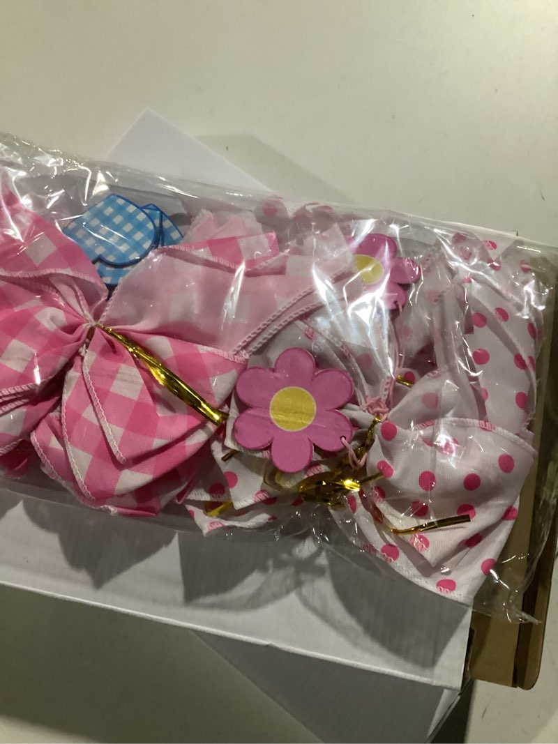 Condition photo showing New/Like New for 12Pcs Christmas Tree Topper Bows,5.9 * 5.9inch Pink White Bow Tree Topper,Christmas Wreath Bow,Festive Decorations Santa Hat Tree Topper,Indoor and Outdoor Christmas Decorations Small A 12