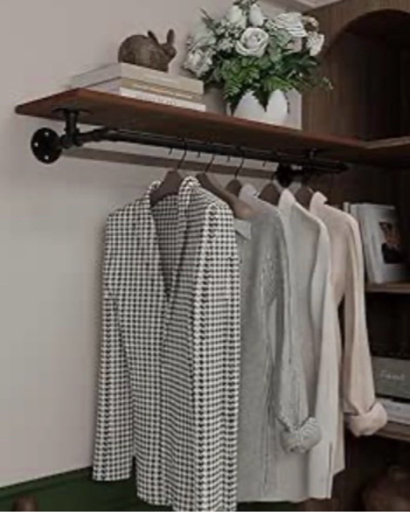 clothes rack 42in, wall mounted garment rack with real wood shelf, heavy duty hanging clothes rack, multi-purpose hanging rod, space-saving closet storage brown 1t42in