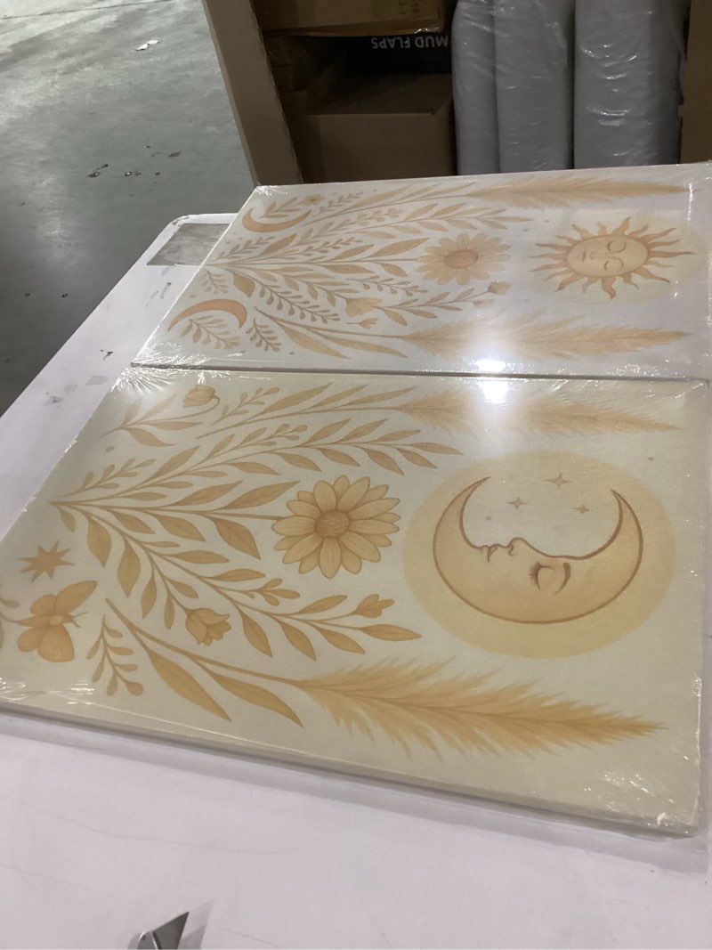 Condition photo showing New/Like New for 2pcs boho sun and moon wall art celestial poster print nordic mysticism pictures bohemian painting wall decor for bedroom living room16x24in framed 2pcs boho sun and moon 24l" x 16w"