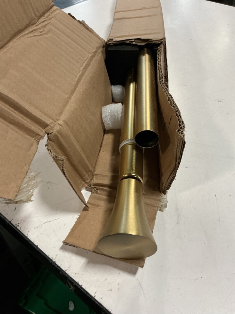 Condition photo showing Good Condition for 1inch single curtain rods, decorative drapery rods adjustable 100-144in length, with horn finials, wall mount and ceiling mount, warm gold warm gold 100-144"
