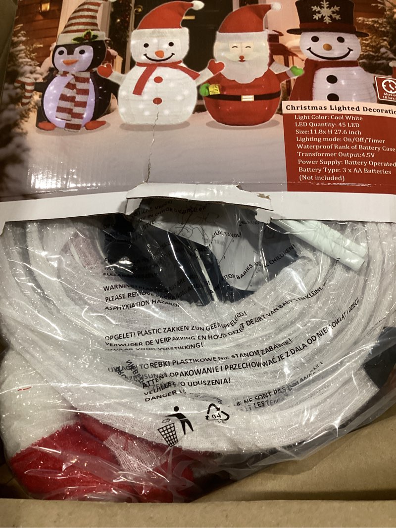 Condition photo showing Good Condition for Christmas Standing Light-Up Snowman Decoration Features a Santa hat and Gift Box, Battery Operated Light-Up Christmas Decorations for porches, lawns, Yards, Indoor and Outdoor (2.75 Ft) Snowman with Box