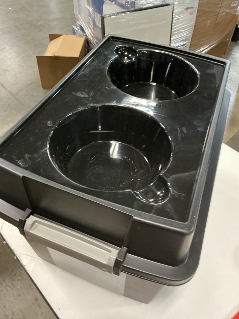 Condition photo showing Good Condition for IRIS USA Elevated Dog Bowls, 15"H Raised Bowl for Large Dogs, Airtight Pet Food Storage Holds Up To 47 Lbs, 2 Removable 64 oz Stainless Steel Bowls, At Home or Camping, Smoke/Black