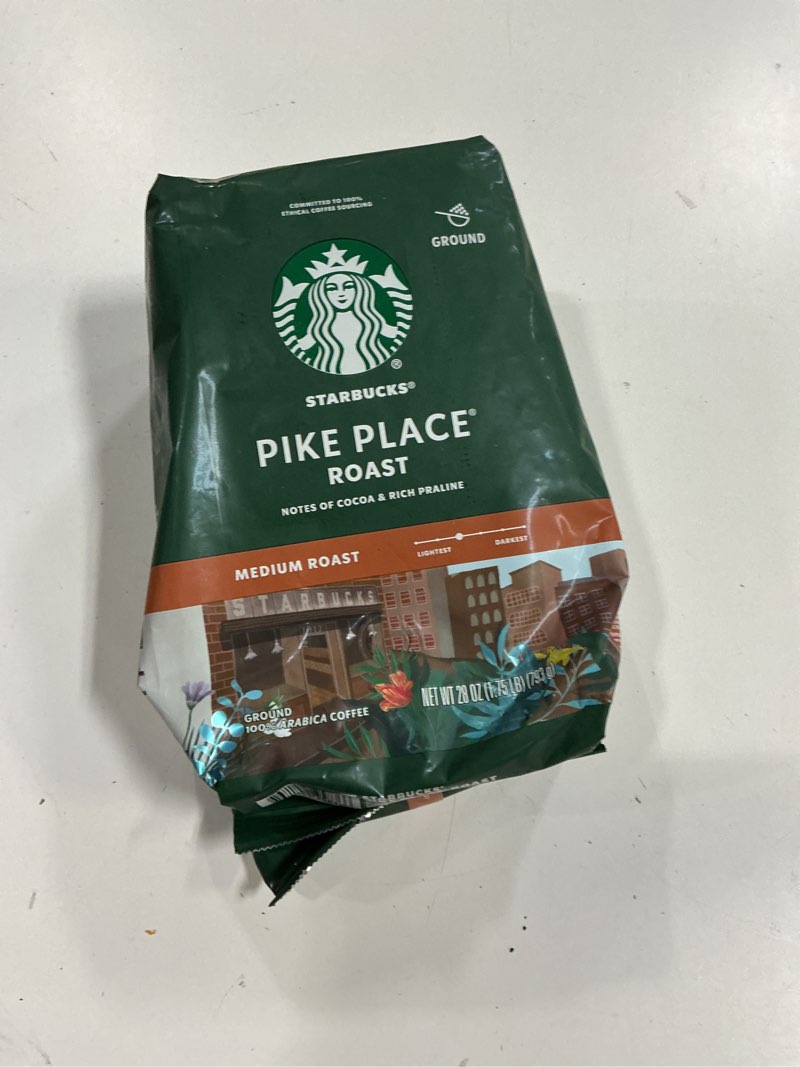 Condition photo showing New/Like New for Best by 02/13/26 Starbucks Ground Coffee, Medium Roast Coffee, Pike Place Roast, 100% Arabica, 1 Bag (28 Oz)