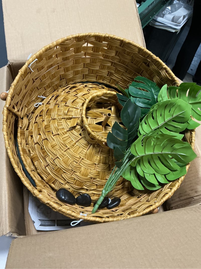 Condition photo showing As Is for Cat Hidden Litter Box Enclosure Furniture with Artificial Plants,Handwoven Rattan with Cat Litter Box and Real Stones,in Living Room, Bedroom, Corner?Natural? with Green Saucer