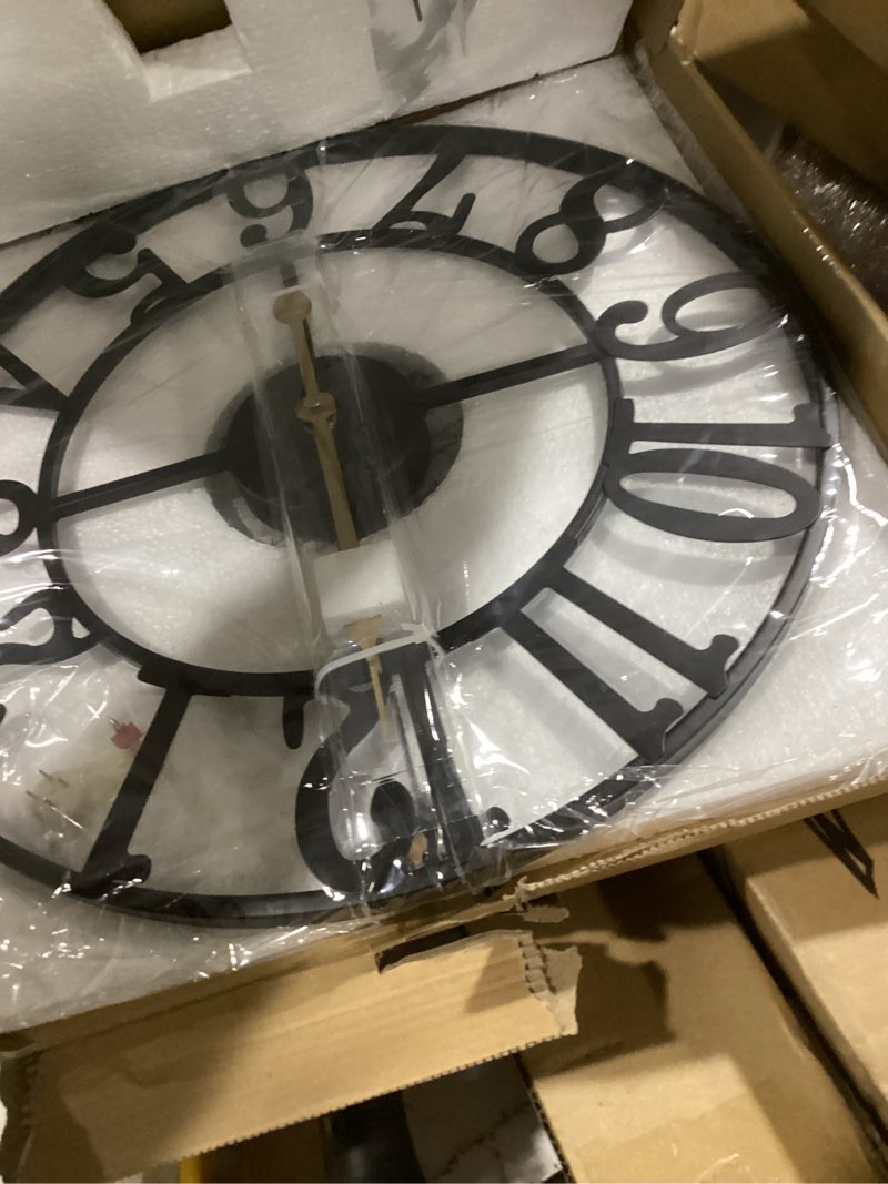 Condition photo showing Good Condition for leike large wall clocks,silent,non ticking,battery operated rustic round modern big metal wall clock for living room, bedroom,kitchen,farmhouse,office,home decor-16 inch(black-arabic number) 16 in black metal-arabic number