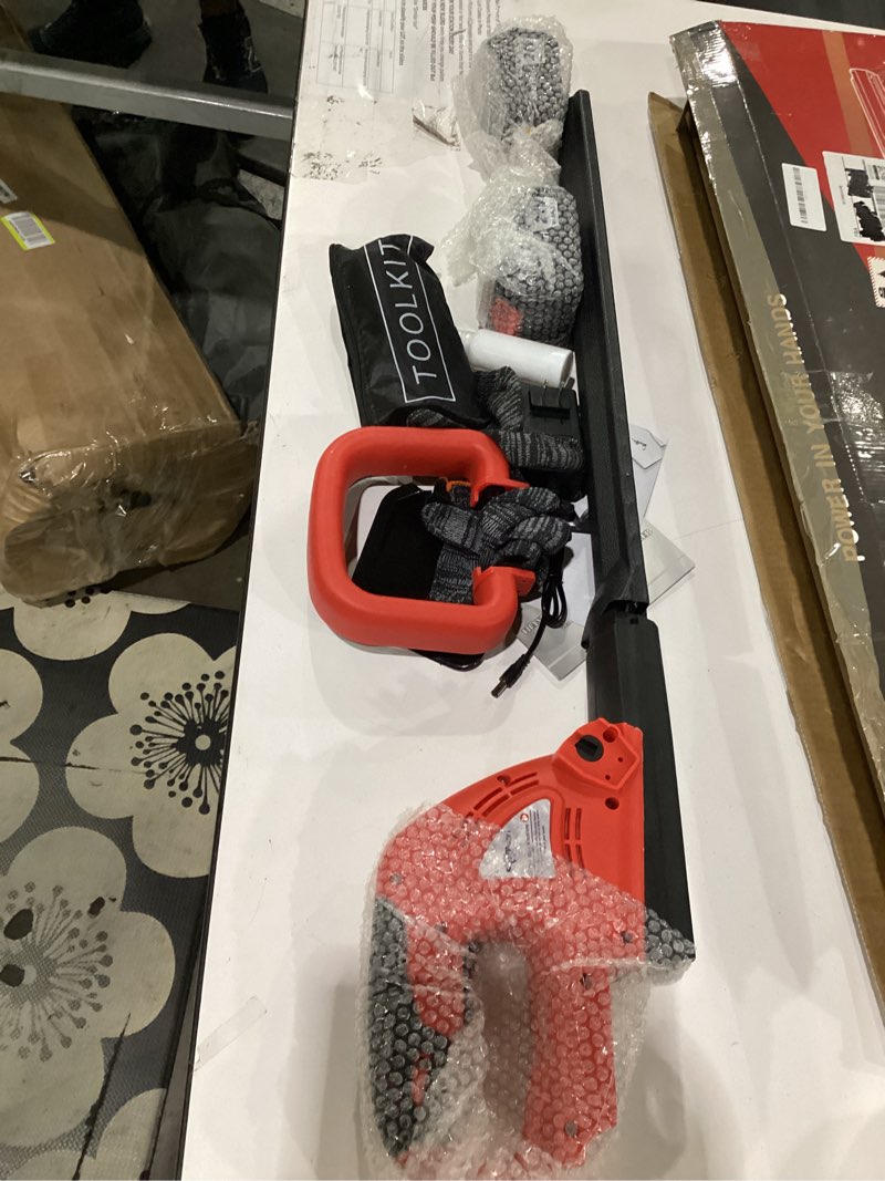 Condition photo showing Good Condition for not tested**** 21v cordless hedge trimmer 22\" | 2 batteries & charger, 5/8\" cutting capacity, 4.4lbs lightweight, low vibration, 180° rotatable handle red