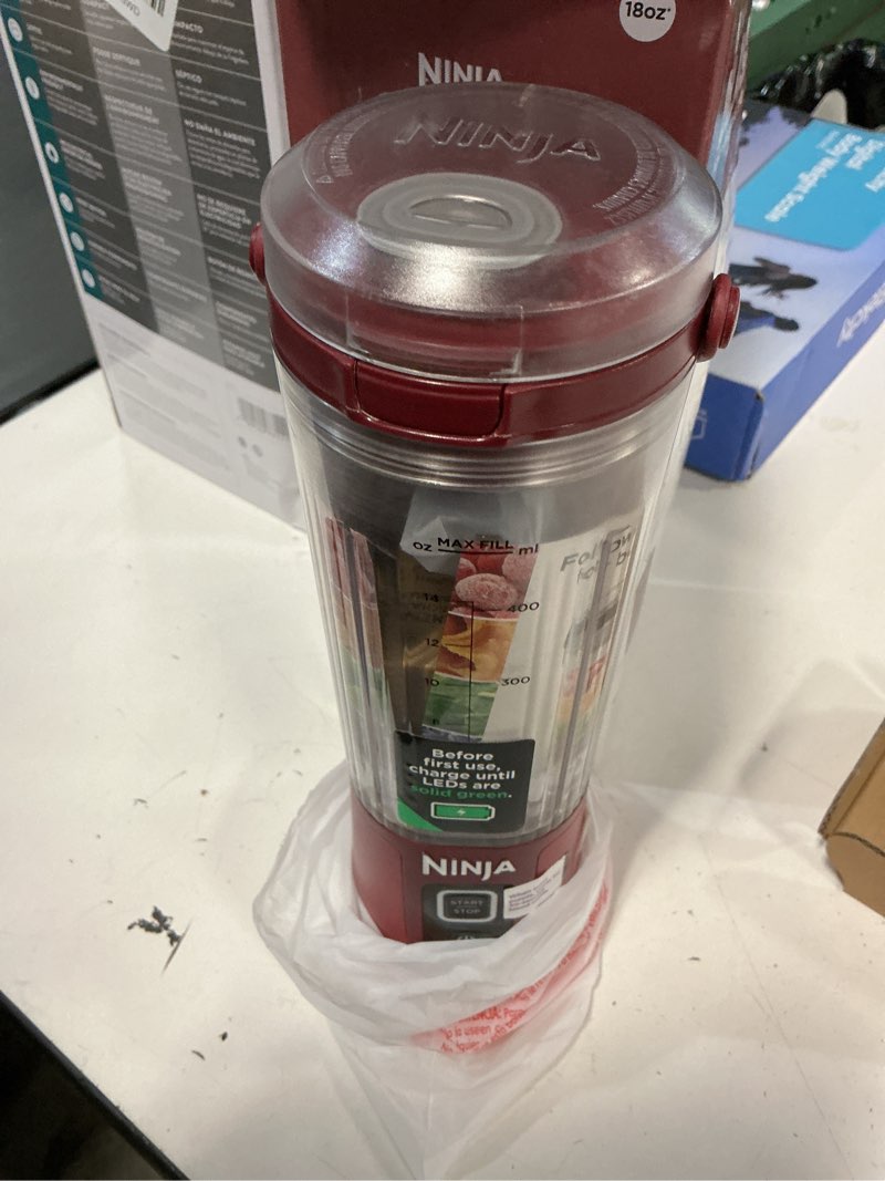 Condition photo showing New/Like New for ninja bc151cr blast portable blender, cordless, 18oz. vessel, personal blender-for shakes & smoothies, bpa free, leakproof-lid & sip spout, usb-c rechargeable, dishwasher safe parts, cranberry red