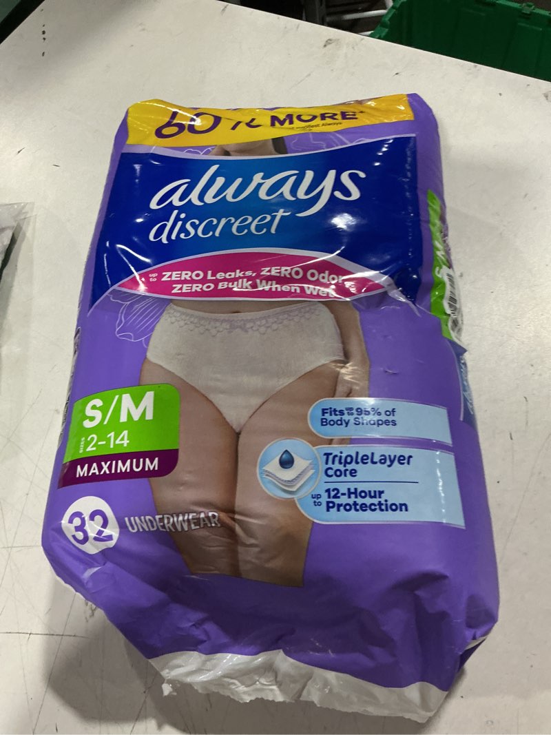 Condition photo showing Good Condition for always discreet adult diapers for women, incontinence underwear, postpartum essentials, disposable briefs, max absorbency, bladder leak protection, small/medium, 32ct small/medium 32