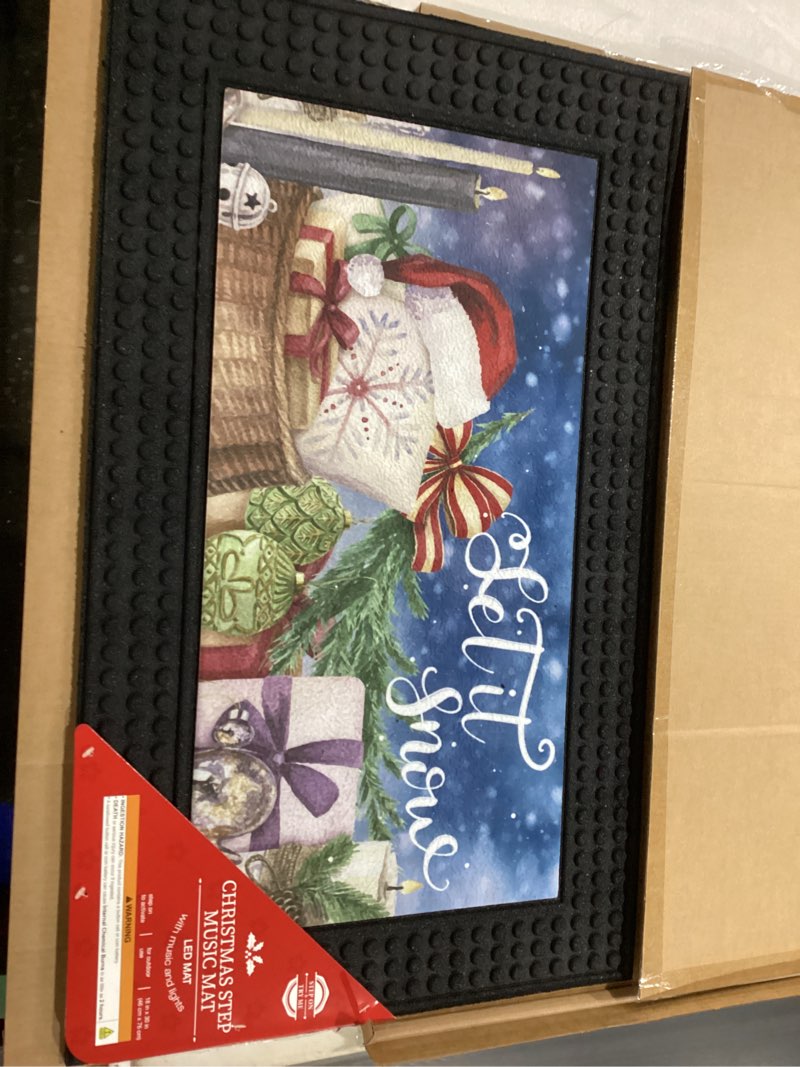 Condition photo showing New/Like New for DEXI Merry Christmas Front Door Mat with Light & Music, 18x30 Heavy Duty Rubber Entrance Mat, Non Slip Indoor Outdoor Xmas Welcome Doormat for Entryway, Blue 1'6" x 2'6" (Rectangular) Blue