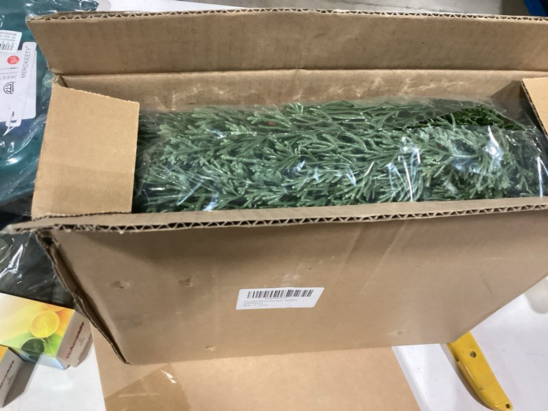 Condition photo showing Good Condition for Christmas Cedar Garland for Mantle, Realistic Greenery Garland, Thickness Artificial Pine Garlands for Christmas Mantel Table Outdoor Indoor Xmas Holiday Seasonal Decor(6FT Red Berries, Pine Cones) 6 FT