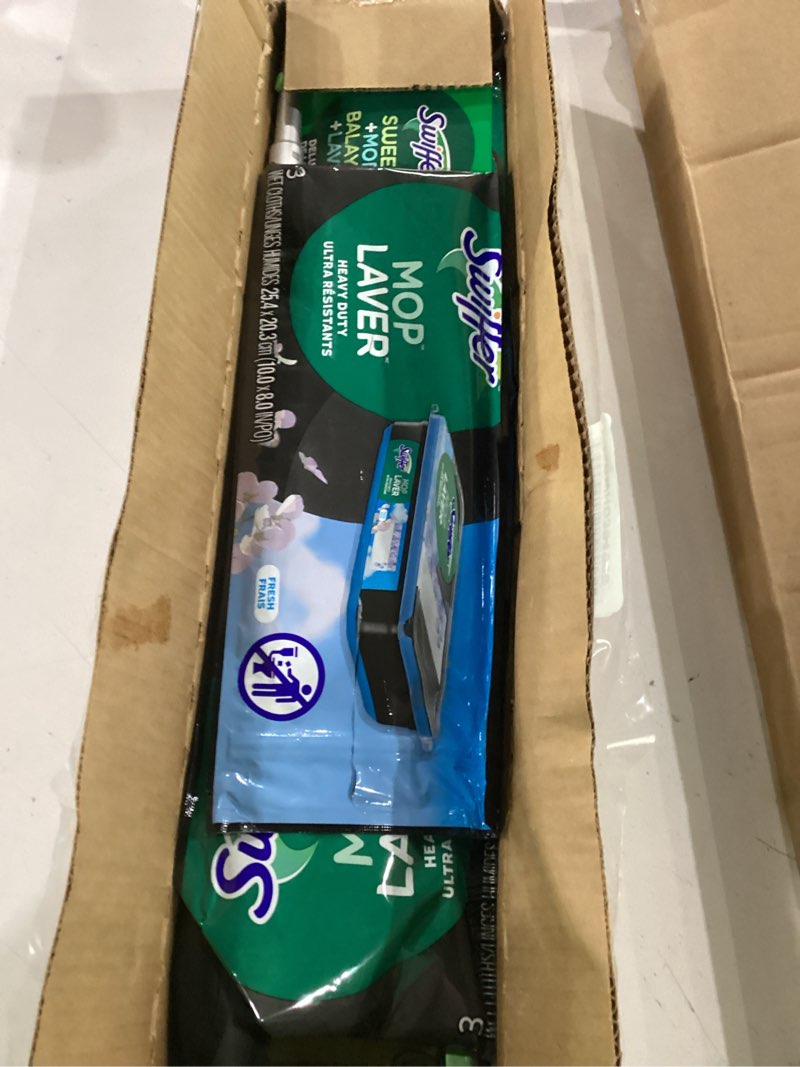 Condition photo showing As Is for swiffer sweep and mop deluxe  2-in-1 floor mopping and sweeping kit  includes 1 sweeper device  5 heavy duty dry sweeping cloths  6 heavy duty wet mopping cloths
