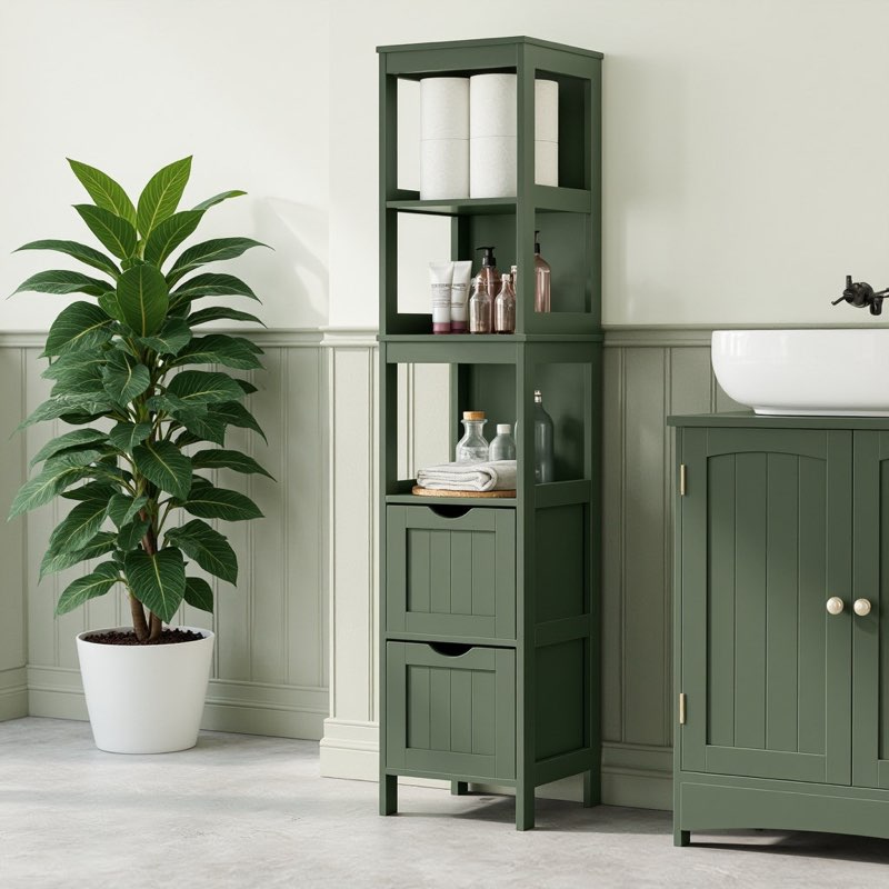 55.9 Inches Bathroom Floor Cabinet, Bathroom Storage Organizer Rack Stand, Multifunctional Corner Unit, 2 Drawers,