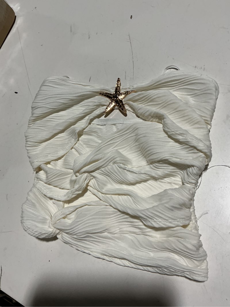 Condition photo showing As Is for makemechic women's bandeau strapless tube top backless ruched summer sexy cute going out tops small star white