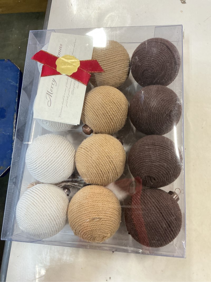 Condition photo showing New/Like New for 12PCS Rustic Burlap Christmas Ornaments, 3.15" Handmade Jute Rope Balls, Farmhouse Christmas Tree Decorations, Boho Natural Hanging Ornaments for Holiday, Party & Home Décor (Multicolor) Multi Color