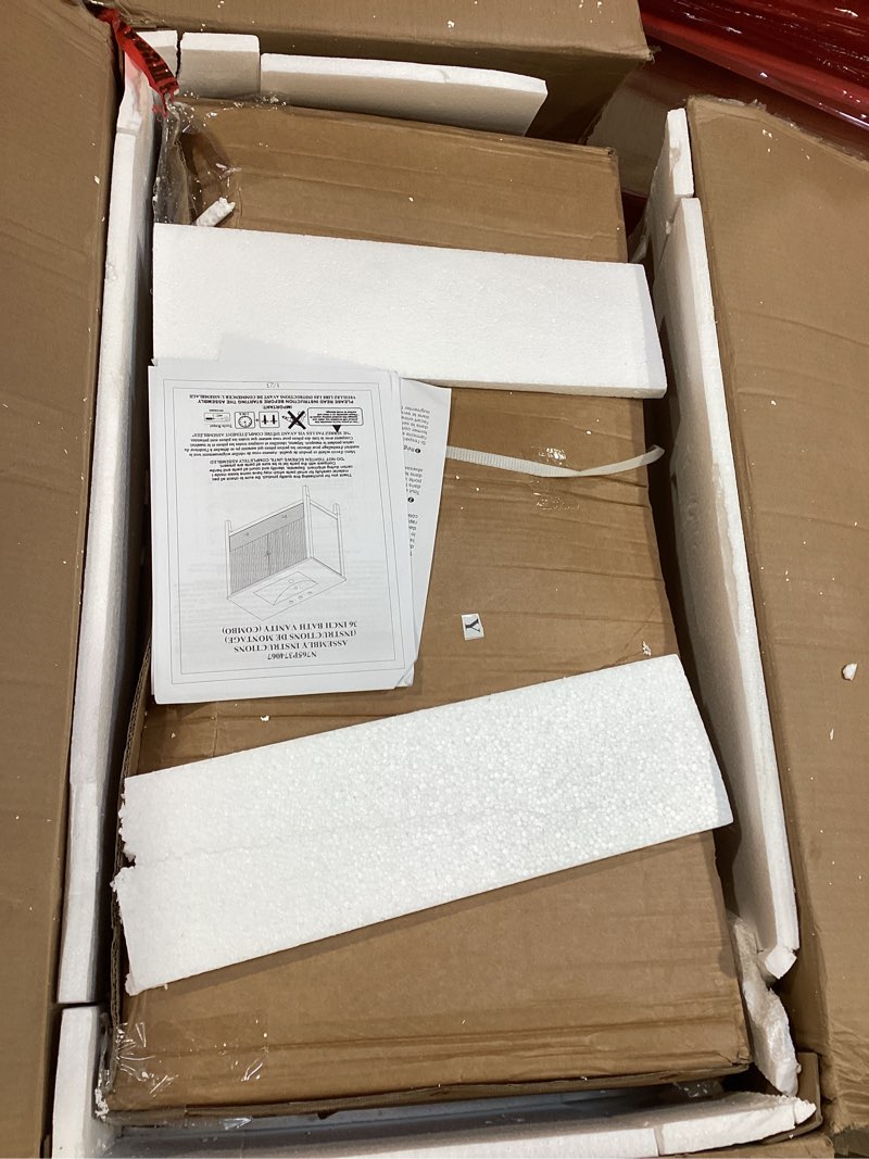 Condition photo showing As Is for Christopher Knight Home Ryze 36 Inch Bathroom Vanity with Sink, MDF Frame with Ceramic Sink, Dual Door and Divided Drawers, Bathroom Storage Cabinet with Striped Design, Toilet Cabinet, Walnut