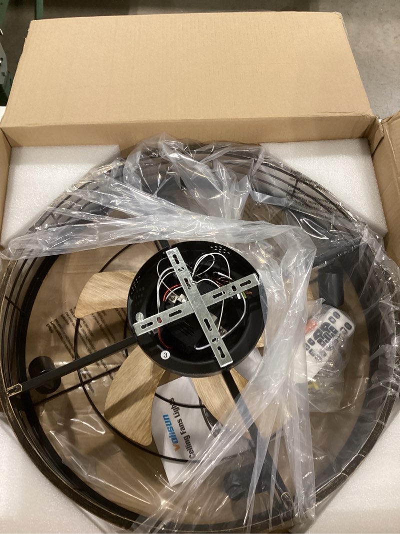 Condition photo showing Good Condition for VOLISUN Farmhouse Caged Ceiling Fans with Lights Flush Mount, 23.6'' Rustic Low Profile Ceiling Fan with Light and Remote, Bladeless Fandelier Ceiling Fans with Lights for Kitchen, Bedroom-Gold Gold 23.6 INCH