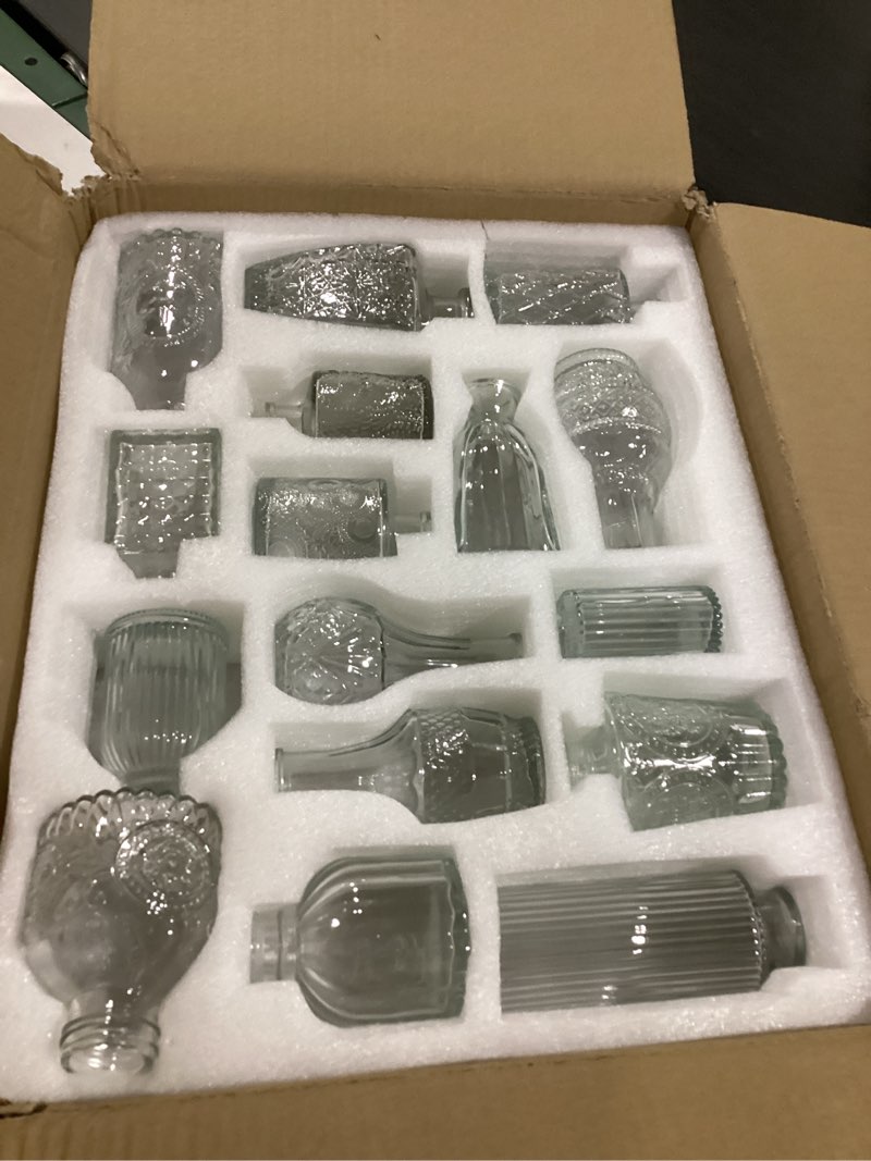 Condition photo showing New/Like New for 16 pack glass bud vases for centerpieces - bulk small flower vases set of 16, mini vintage vases, 4 styles for party, wedding decorations, baby shower, home table flower décor (clear)