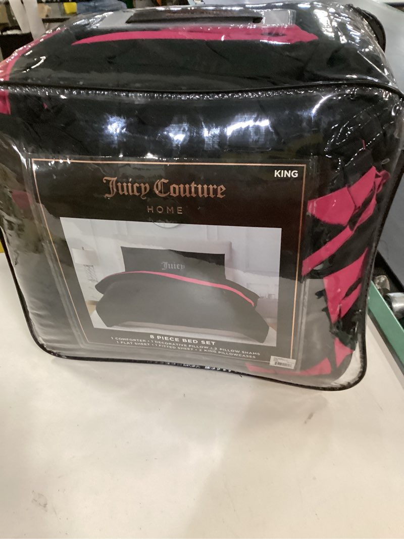 Condition photo showing Good Condition for juicy couture alexis reversible comforter set, king bed in a bag – black/hot pink, 8-piece bedding collection