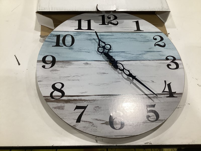 Condition photo showing As Is for nuovo wall clock 14 inch wall clock wood grain wall clock ocean wall clock silent wall clock number quartz wall clock large decorative wall clock quiet wall clock home office living room kitchen