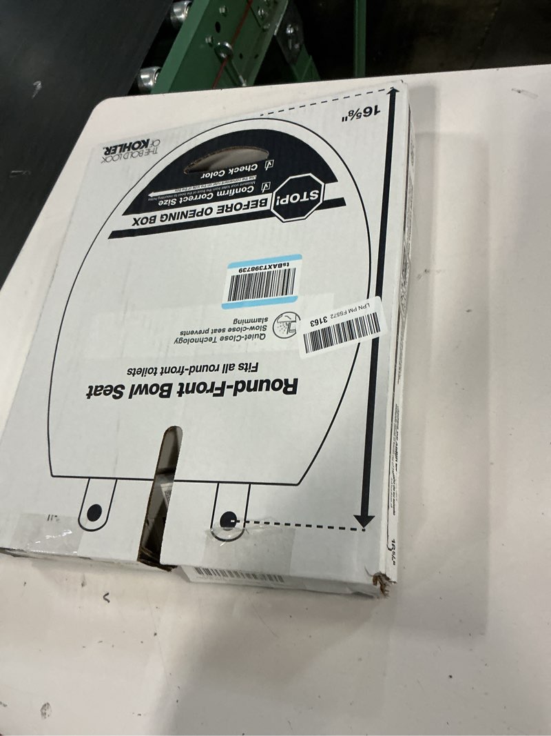 Condition photo showing As Is for KOHLER 20111-0 Brevia, Slow Close Toilet Seat, Round Toilet Seat, Grip-Tight Bumpers Quick-Attach Hardware, White White Round Quiet-Close