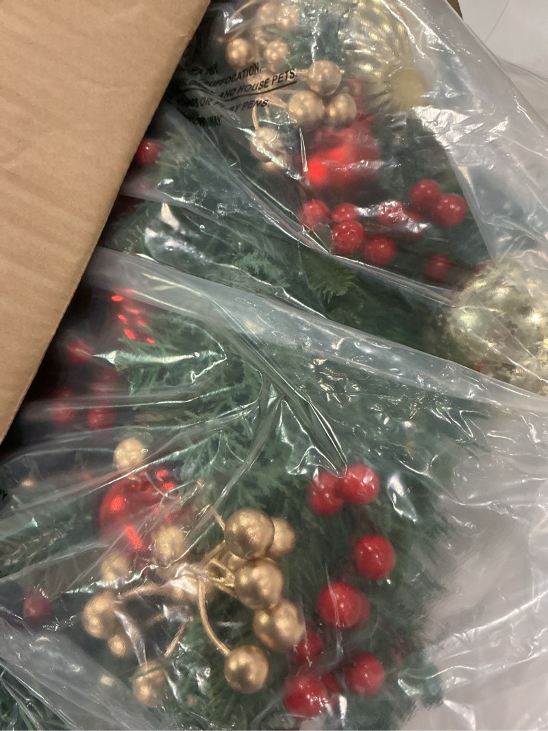 Condition photo showing Good Condition for Christmas Lighted Wreath for Front Door, 28 Inches Pre-Lit 35 LED Lights, Red and Golden Artificial Holiday Wreath with Berries for Indoor Outdoor Home Decorations Red & Golden