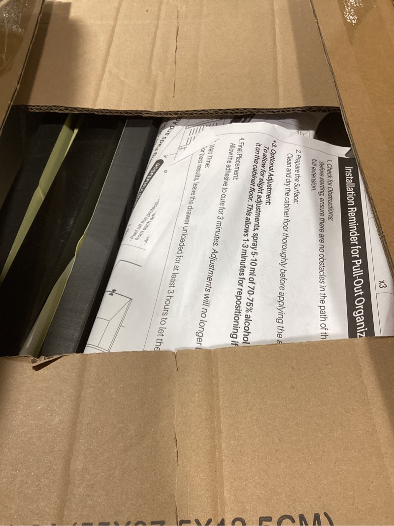 Condition photo showing As Is for Pull out Cabinet Organizer, 2-Pack Expandable(13.6"-24") Silde out Drawers with Raising Pad for Framed Cabinets, Adjustable Full-Extension Adhesive Roll out Shelves for Kitchen Pantry Home Pot and Pan 21''D x 13.6''-24''W (White 2-Pack)