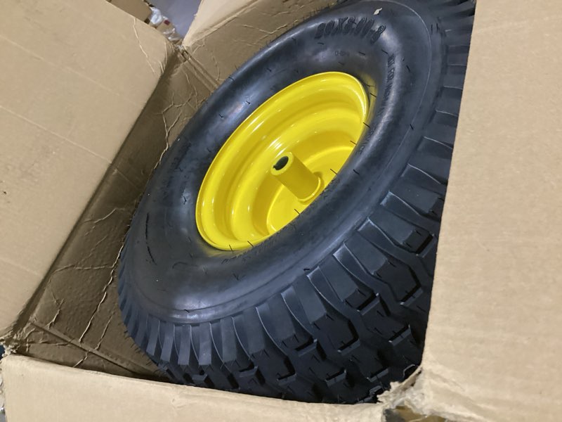 Condition photo showing Good Condition for (2-pack) 20x8.00-8 rear tire and wheel assemblies - 4 ply tubeless tire compatible replacement for riding lawn mowers - 3/4" borehole, 3.5" offset hub and 3/16" keyway 20 x 8.00-8" tubeless (offset hub) yellow