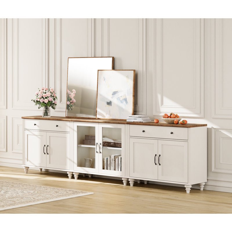( incomplete )TV Stand For TV, 3-In-1 TV Console Table For 85 Inch TV, Entertainment Center With Glass & Wood Door, Kitchen Sideboard Buffet Cabinet For Dining Room Color: White/Brown